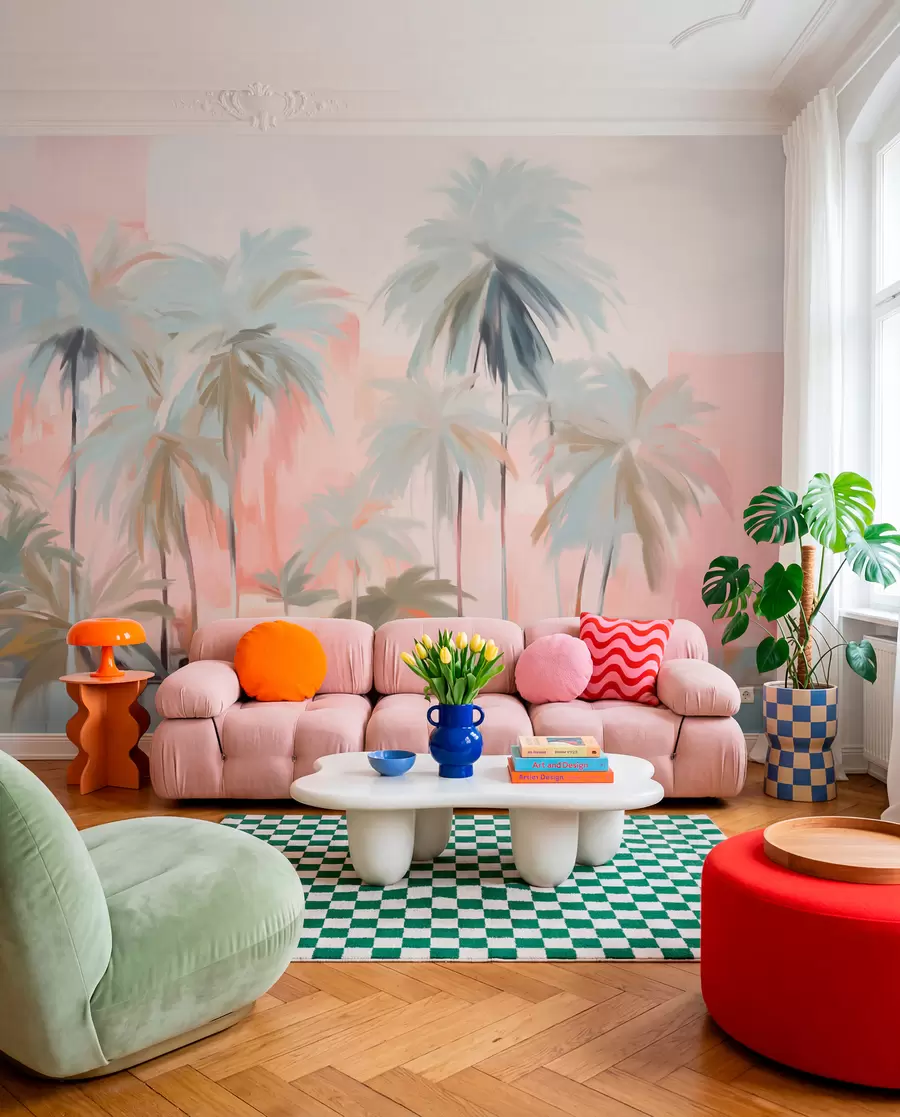 wall murals Апстрактне минималистичке пастелне тропске палме, на позадини нежних ружичастих и бресквастих нијанси w09212