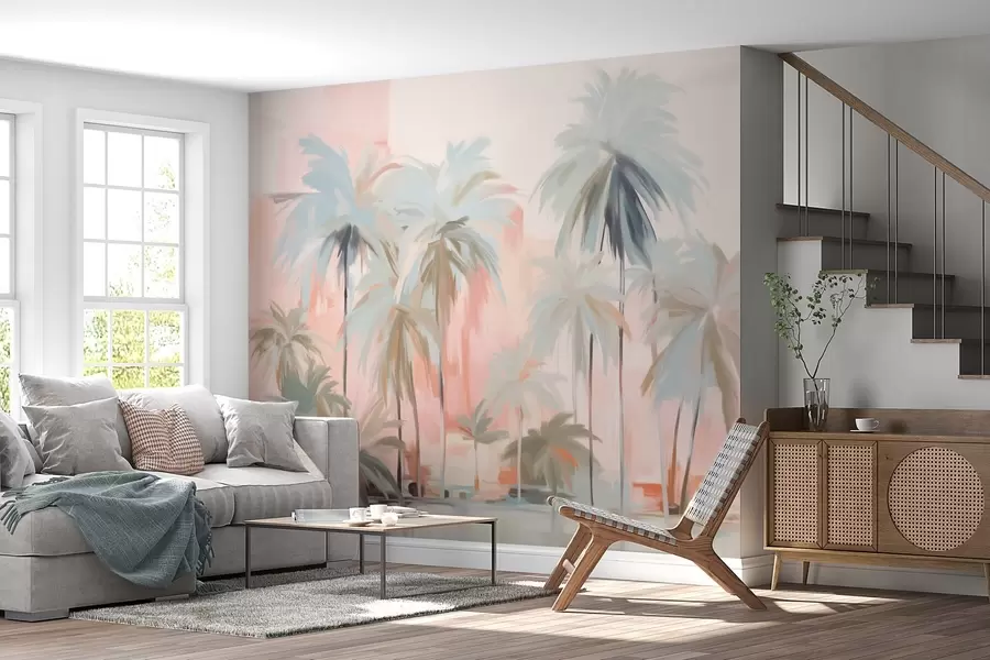 wall murals Апстрактне минималистичке пастелне тропске палме, на позадини нежних ружичастих и бресквастих нијанси w09212