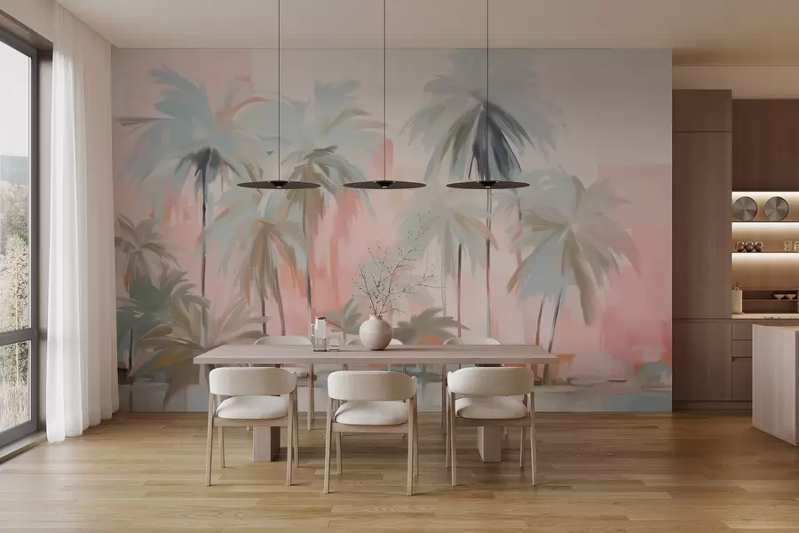 wall murals Апстрактне минималистичке пастелне тропске палме, на позадини нежних ружичастих и бресквастих нијанси w09212