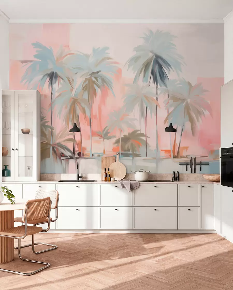 wall murals Апстрактне минималистичке пастелне тропске палме, на позадини нежних ружичастих и бресквастих нијанси w09212
