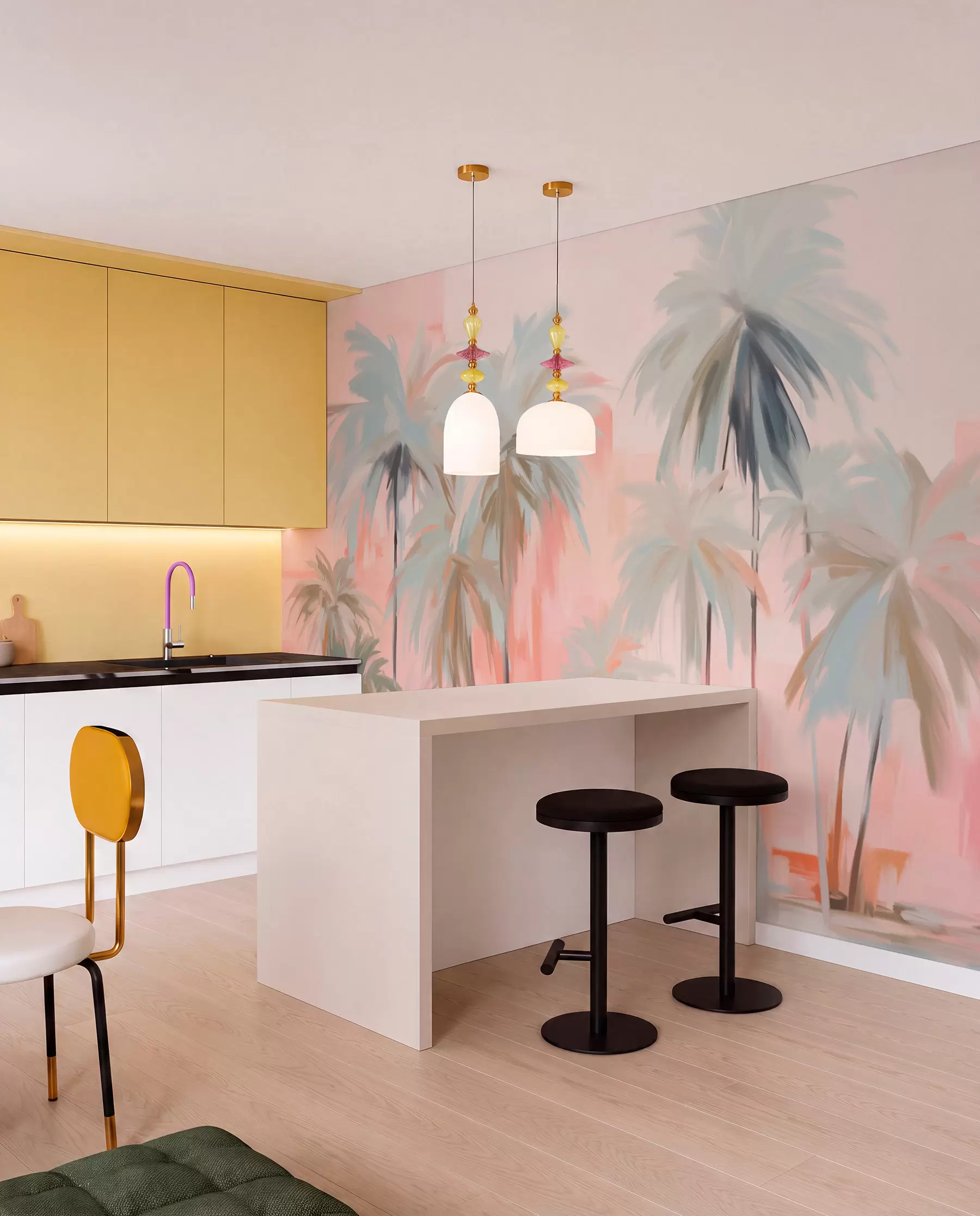 wall murals Апстрактне минималистичке пастелне тропске палме, на позадини нежних ружичастих и бресквастих нијанси w09212