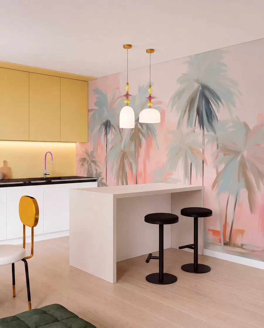 wall murals Апстрактне минималистичке пастелне тропске палме, на позадини нежних ружичастих и бресквастих нијанси w09212