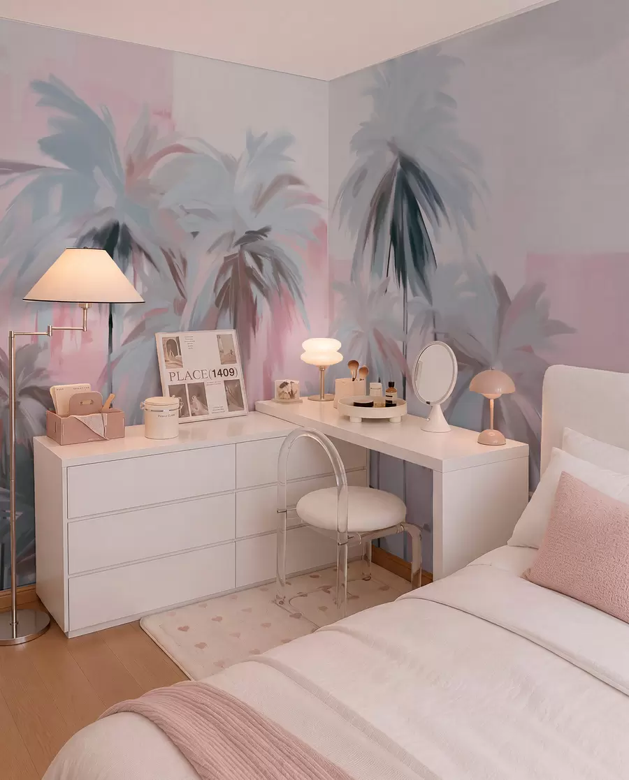 wall murals Апстрактне минималистичке пастелне тропске палме, на позадини пригушених ружичастих и сивих нијанси w09212v1