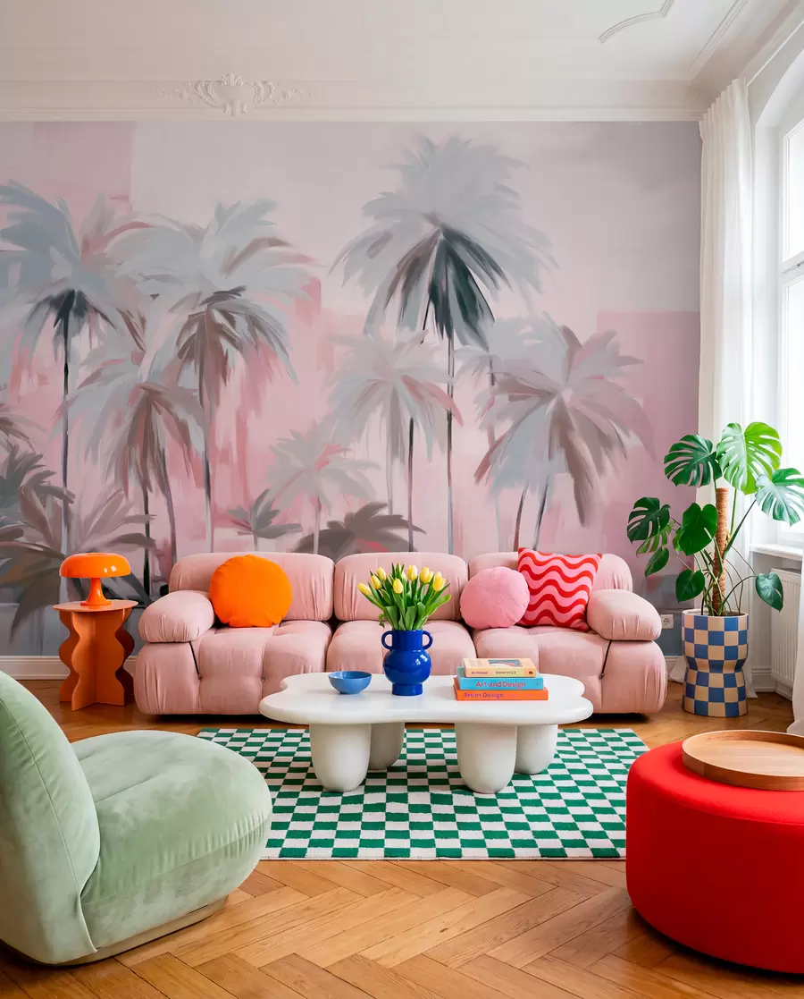 wall murals Апстрактне минималистичке пастелне тропске палме, на позадини пригушених ружичастих и сивих нијанси w09212v1