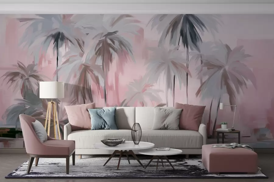 wall murals Апстрактне минималистичке пастелне тропске палме, на позадини пригушених ружичастих и сивих нијанси w09212v1