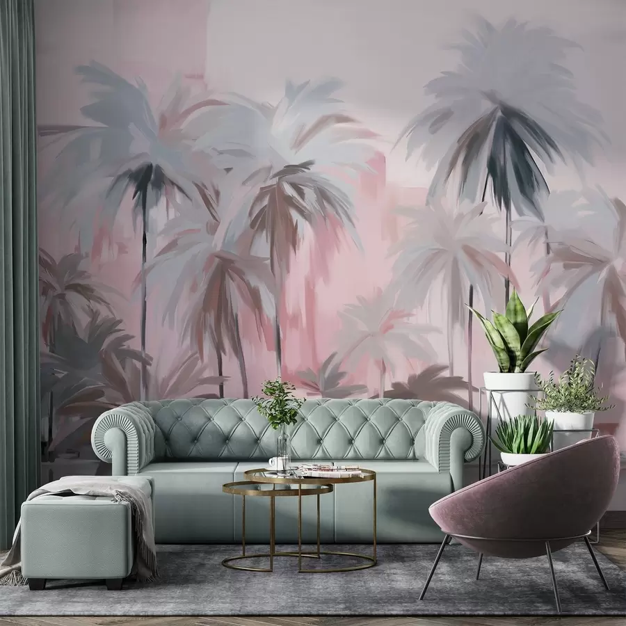 wall murals Апстрактне минималистичке пастелне тропске палме, на позадини пригушених ружичастих и сивих нијанси w09212v1