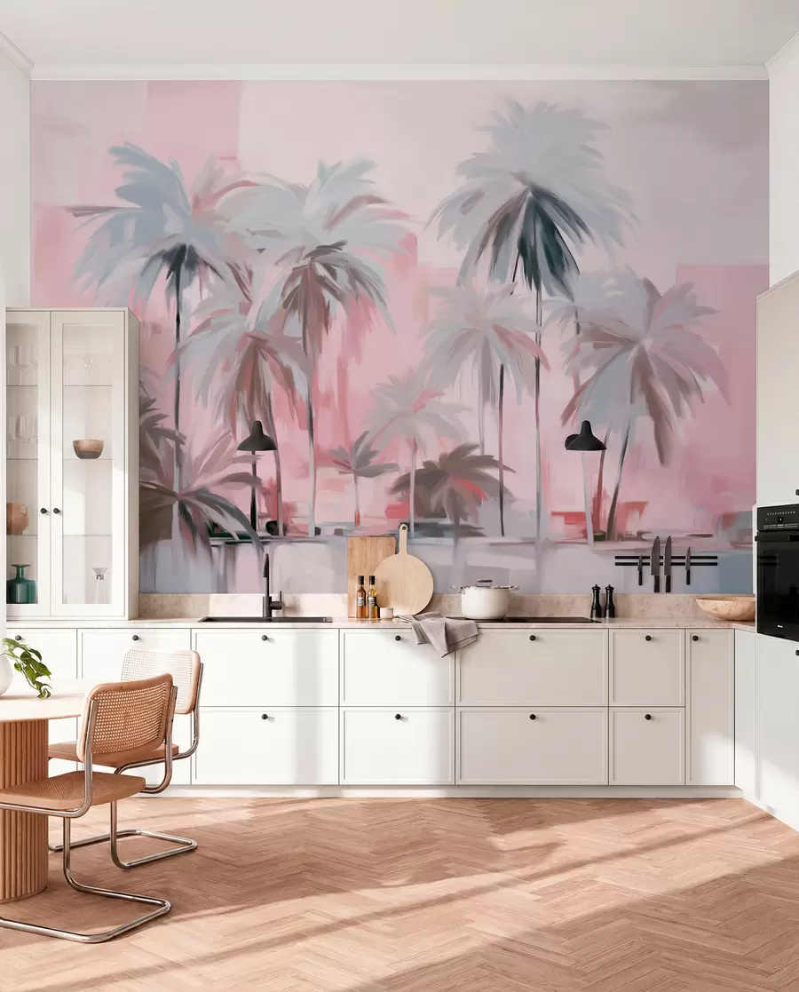 wall murals Апстрактне минималистичке пастелне тропске палме, на позадини пригушених ружичастих и сивих нијанси w09212v1