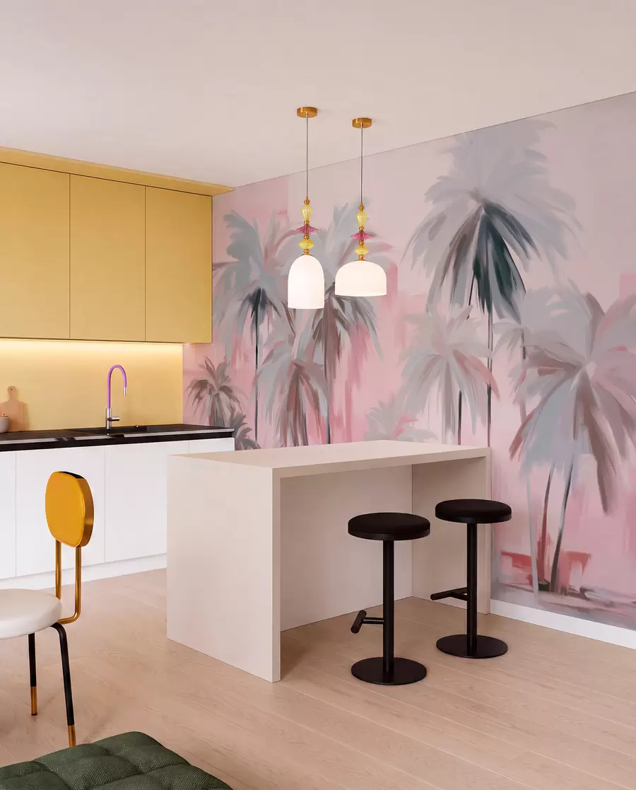 wall murals Апстрактне минималистичке пастелне тропске палме, на позадини пригушених ружичастих и сивих нијанси w09212v1