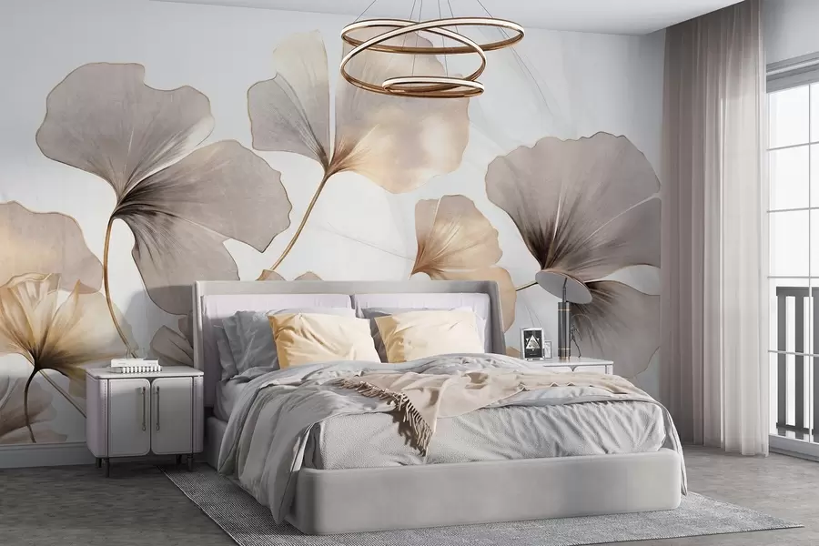 wall murals Листови гинка билобе у беж, жутим и смеђим тоновима, нежни текстурирани ефекат акварела, светла позадина w09215