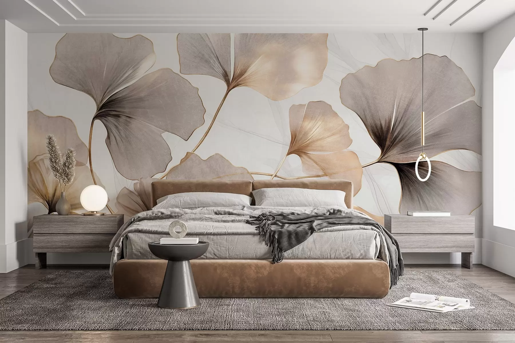 wall murals Листови гинка билобе у беж, жутим и смеђим тоновима, нежни текстурирани ефекат акварела, светла позадина w09215