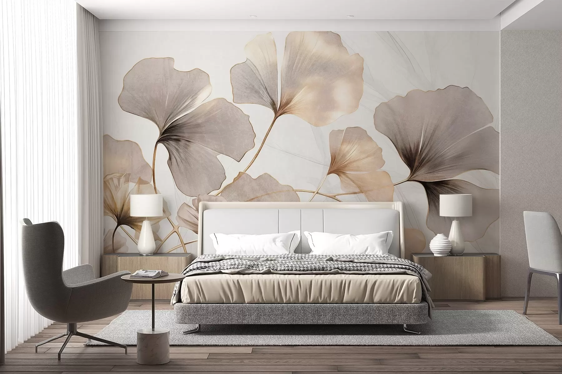 wall murals Листови гинка билобе у беж, жутим и смеђим тоновима, нежни текстурирани ефекат акварела, светла позадина w09215