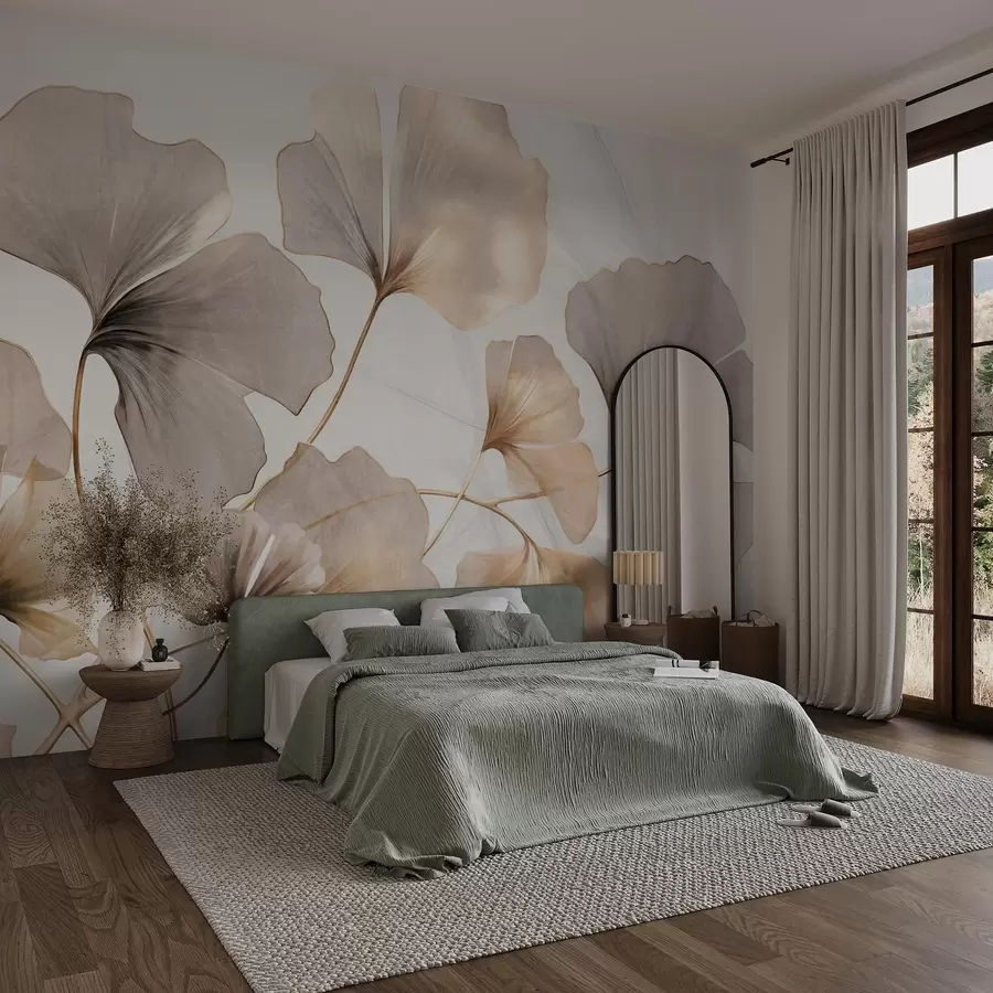 wall murals Листови гинка билобе у беж, жутим и смеђим тоновима, нежни текстурирани ефекат акварела, светла позадина w09215