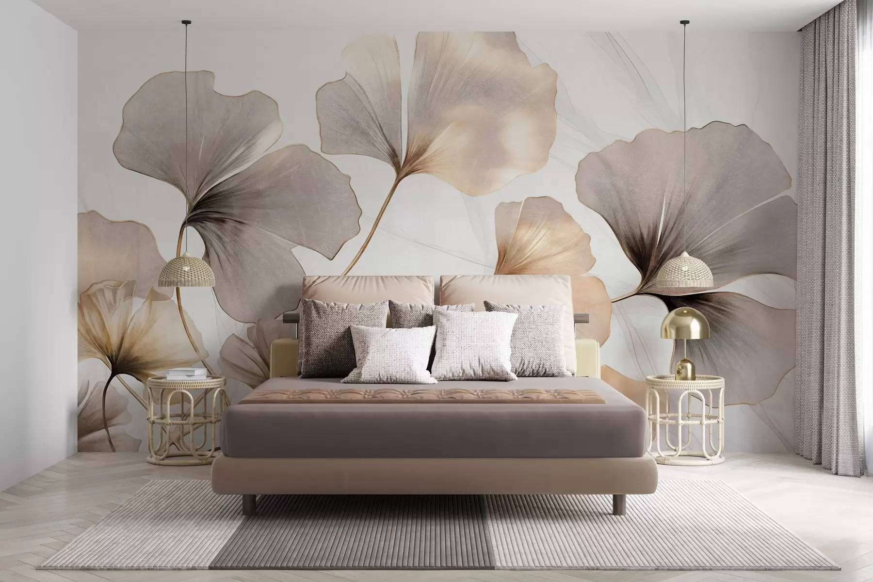 wall murals Листови гинка билобе у беж, жутим и смеђим тоновима, нежни текстурирани ефекат акварела, светла позадина w09215