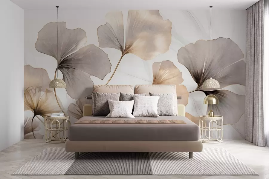 wall murals Листови гинка билобе у беж, жутим и смеђим тоновима, нежни текстурирани ефекат акварела, светла позадина w09215