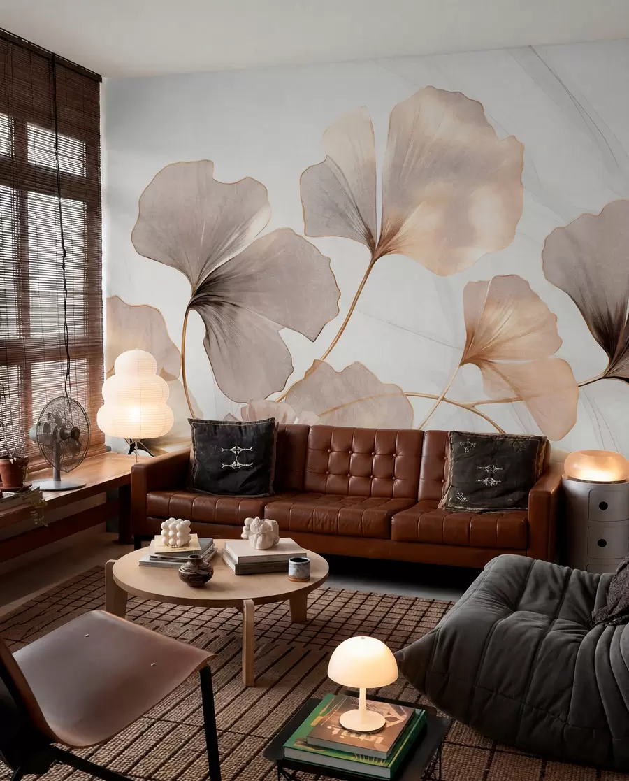 wall murals Листови гинка билобе у беж, жутим и смеђим тоновима, нежни текстурирани ефекат акварела, светла позадина w09215