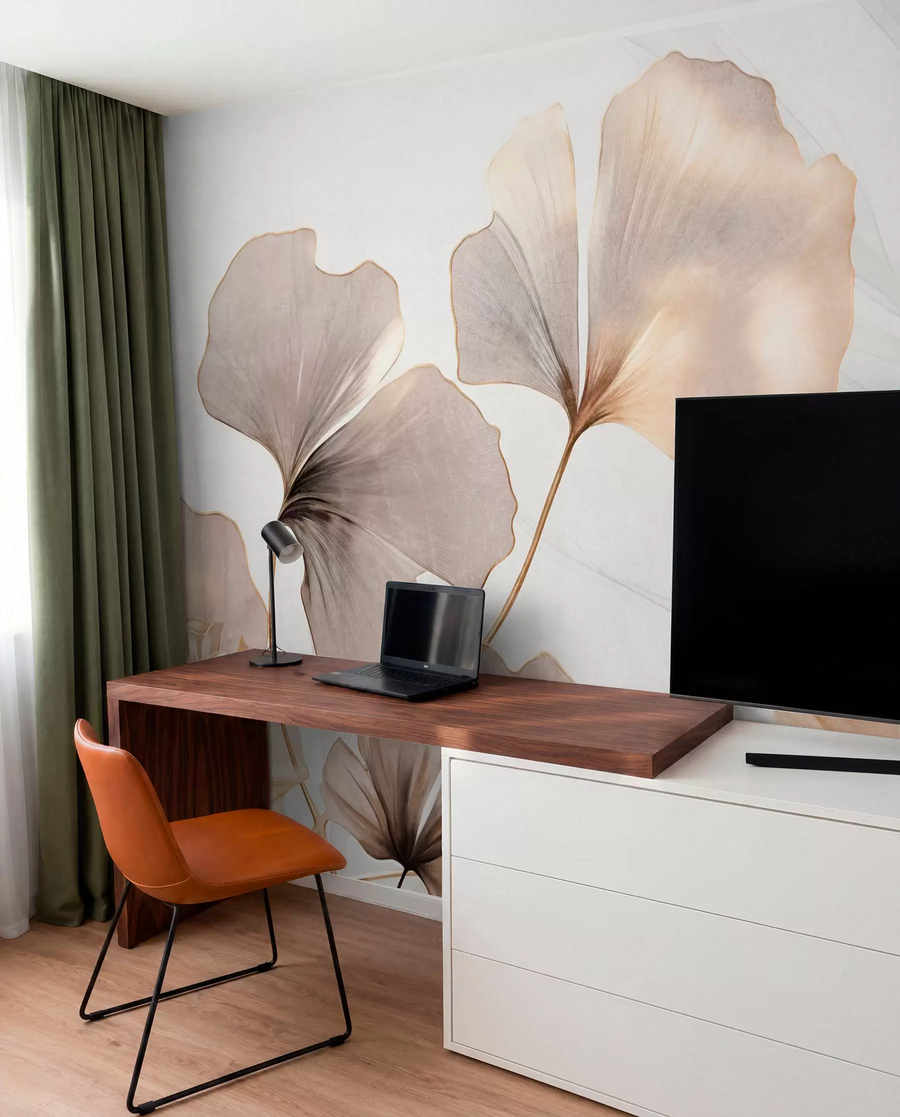 wall murals Листови гинка билобе у беж, жутим и смеђим тоновима, нежни текстурирани ефекат акварела, светла позадина w09215