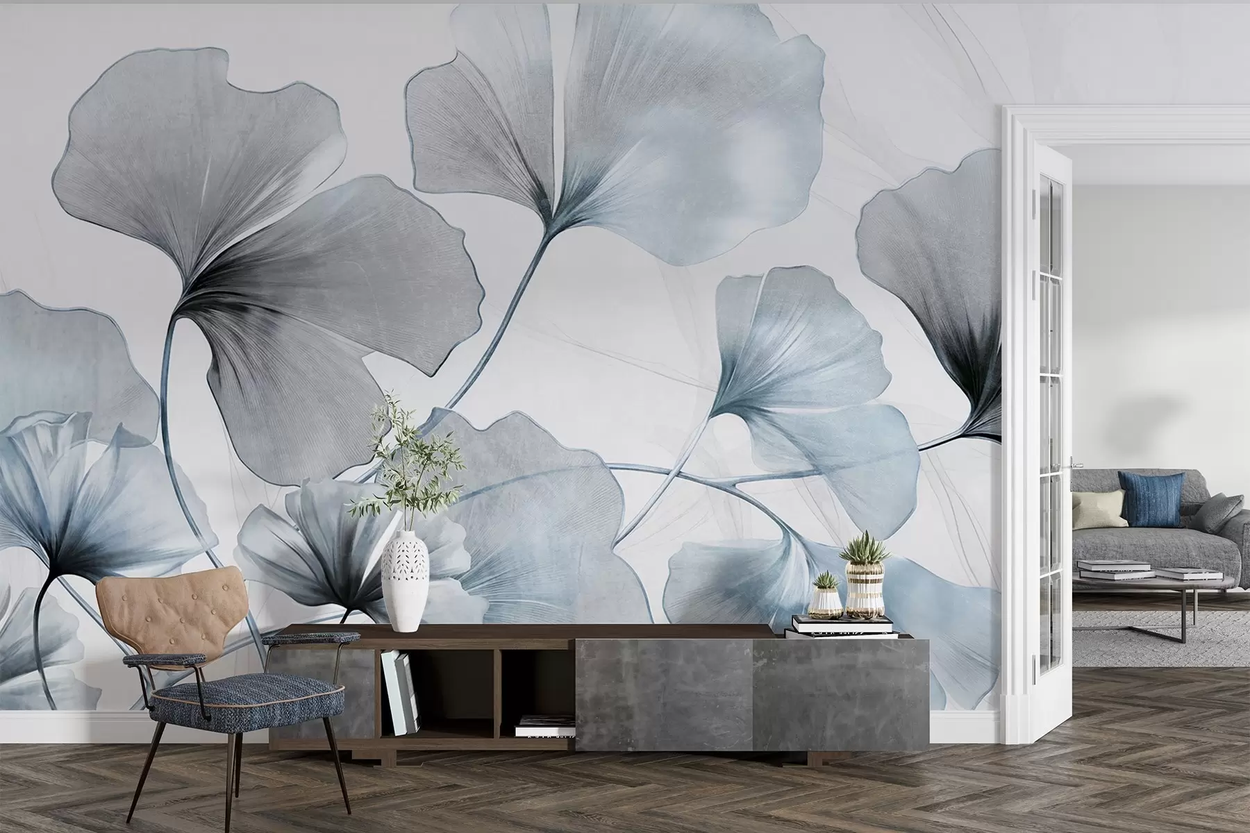wall murals Листови гинка билобе у пригушеним плавим и сивим тоновима, нежни текстурирани ефекат акварела, светла позадина w09215v1