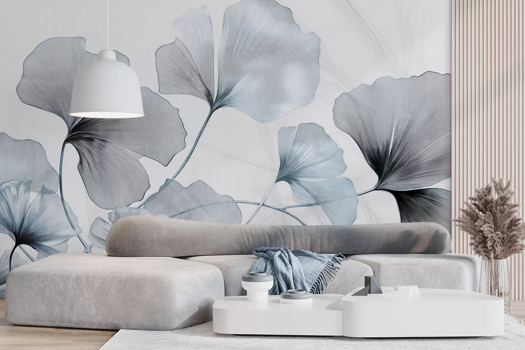 wall murals Листови гинка билобе у пригушеним плавим и сивим тоновима, нежни текстурирани ефекат акварела, светла позадина w09215v1