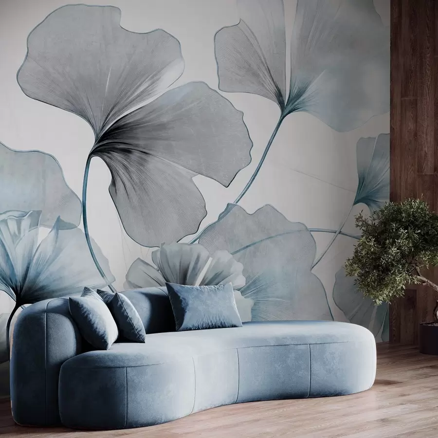 wall murals Листови гинка билобе у пригушеним плавим и сивим тоновима, нежни текстурирани ефекат акварела, светла позадина w09215v1