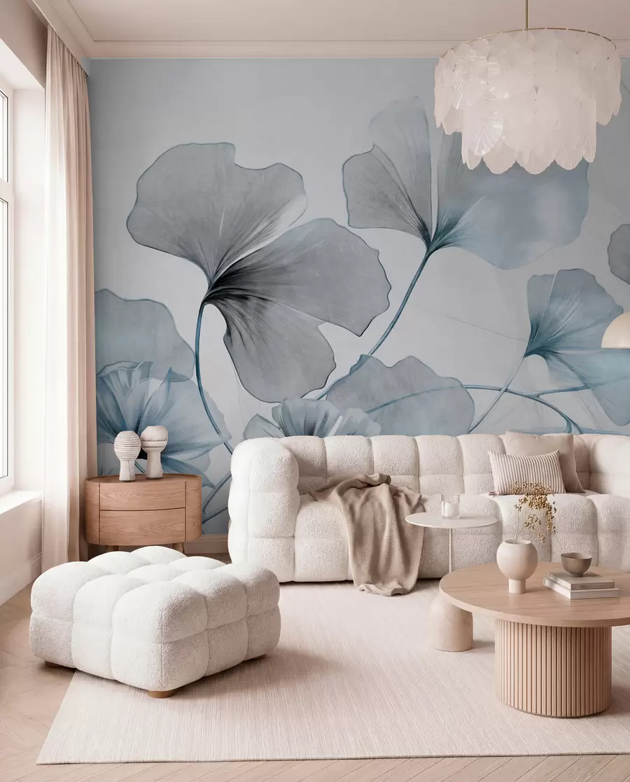 wall murals Листови гинка билобе у пригушеним плавим и сивим тоновима, нежни текстурирани ефекат акварела, светла позадина w09215v1