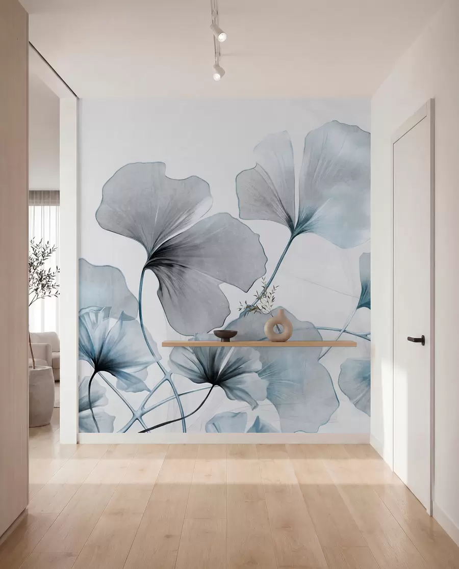 wall murals Листови гинка билобе у пригушеним плавим и сивим тоновима, нежни текстурирани ефекат акварела, светла позадина w09215v1