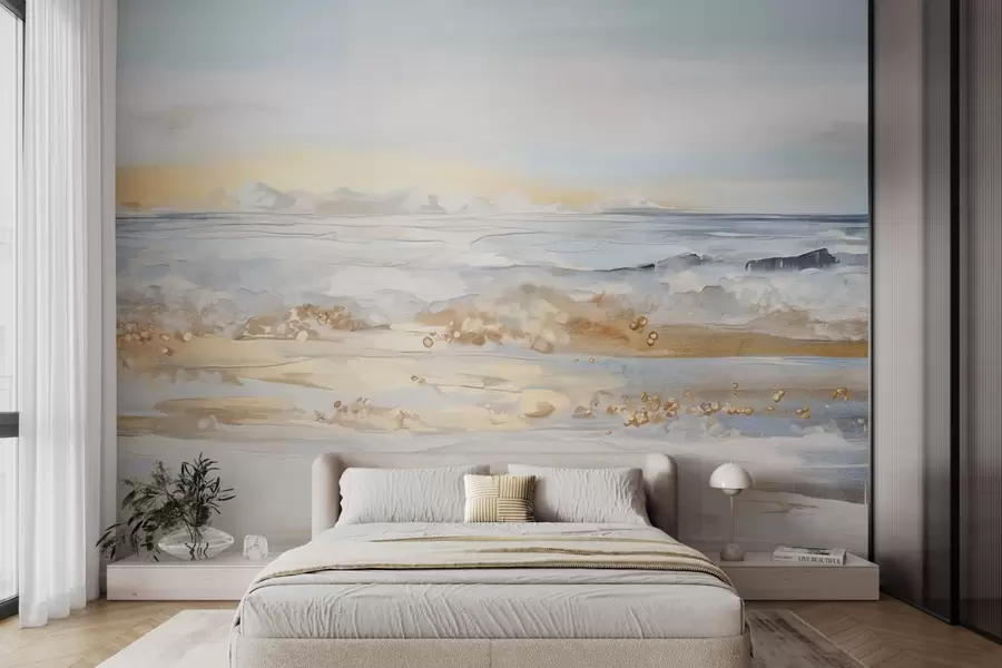 wall murals Апстрактни текстурирани пејзажни океански таласи који се разбијају о пешчану плажу, меке пастелне боје, плаво небо са светлим облацима w09234