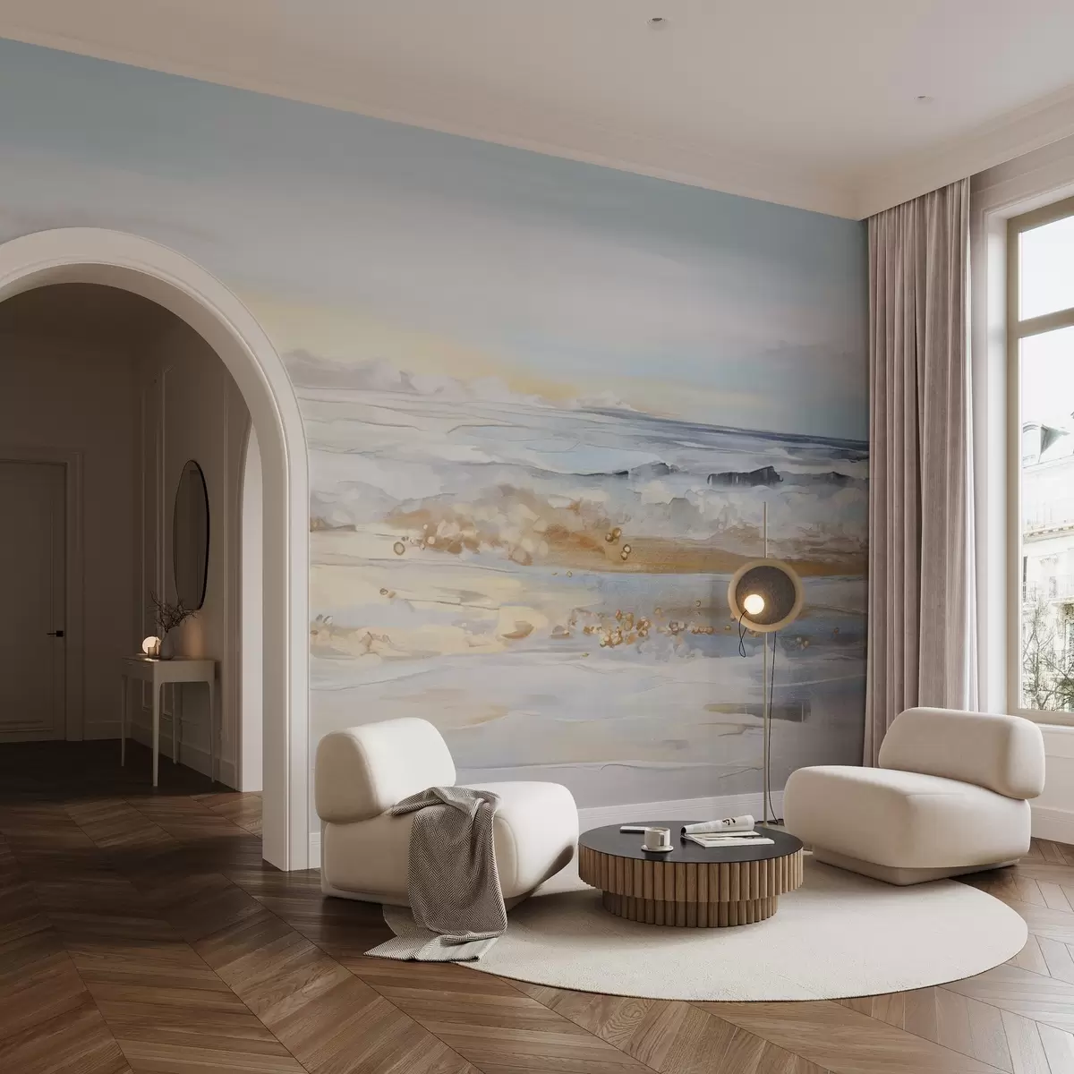 wall murals Апстрактни текстурирани пејзажни океански таласи који се разбијају о пешчану плажу, меке пастелне боје, плаво небо са светлим облацима w09234