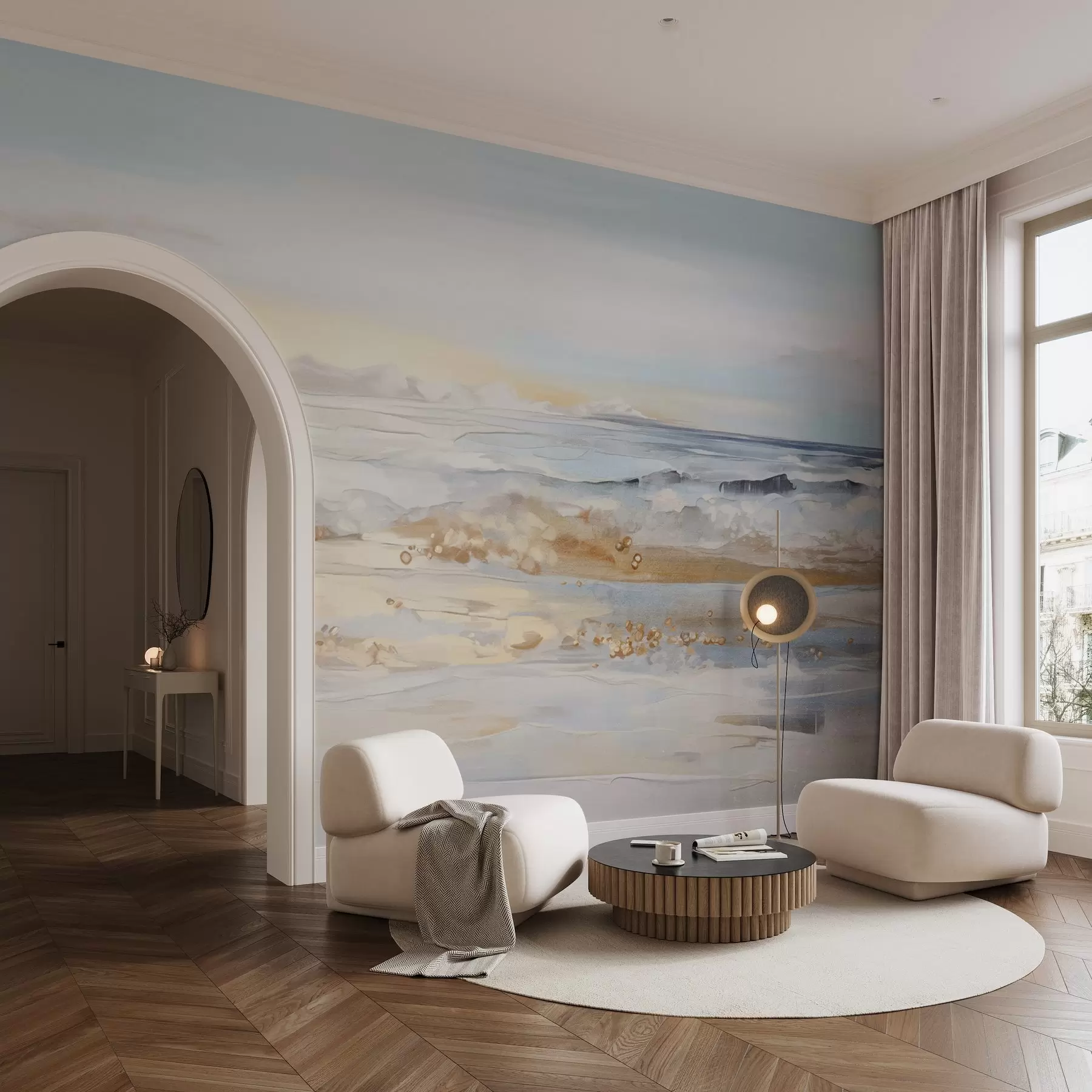 wall murals Апстрактни текстурирани пејзажни океански таласи који се разбијају о пешчану плажу, меке пастелне боје, плаво небо са светлим облацима w09234