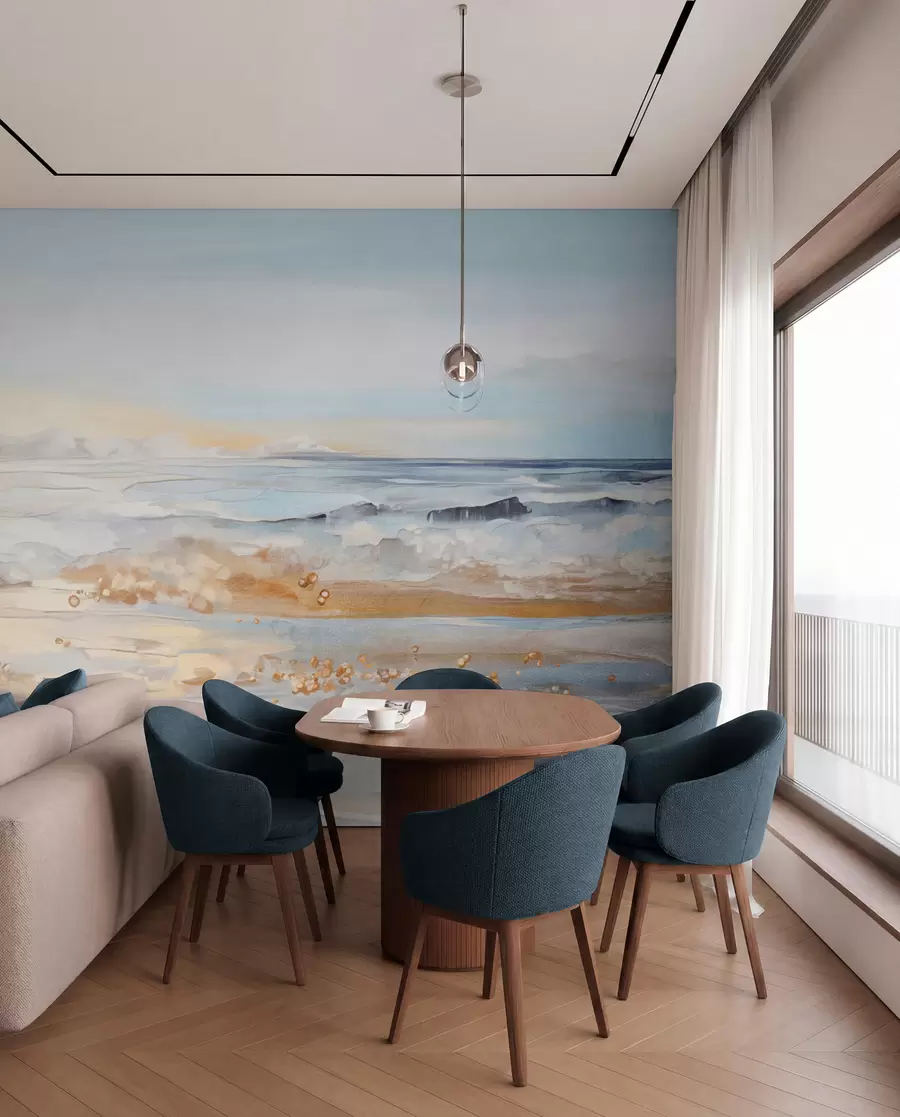 wall murals Апстрактни текстурирани пејзажни океански таласи који се разбијају о пешчану плажу, меке пастелне боје, плаво небо са светлим облацима w09234