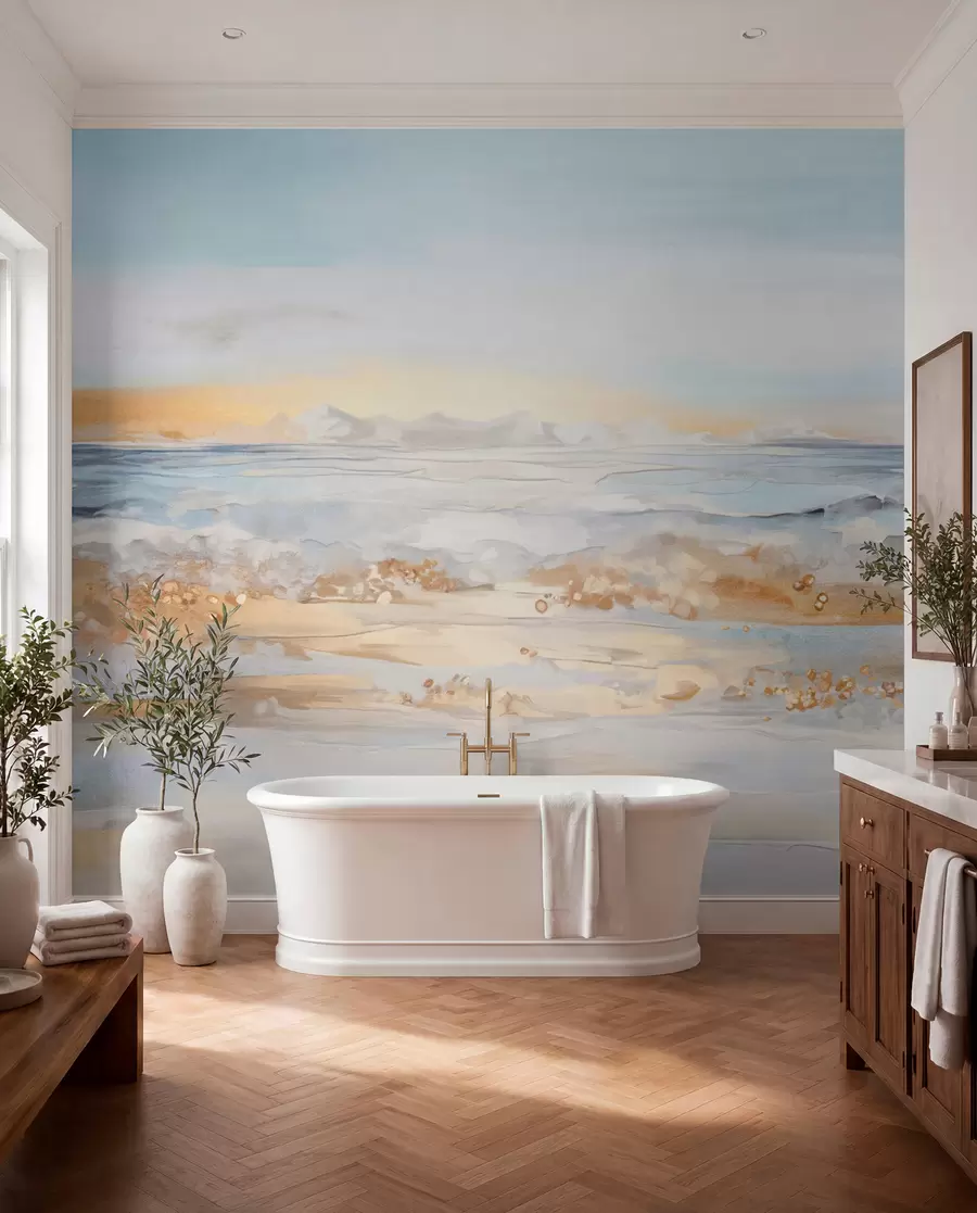wall murals Апстрактни текстурирани пејзажни океански таласи који се разбијају о пешчану плажу, меке пастелне боје, плаво небо са светлим облацима w09234