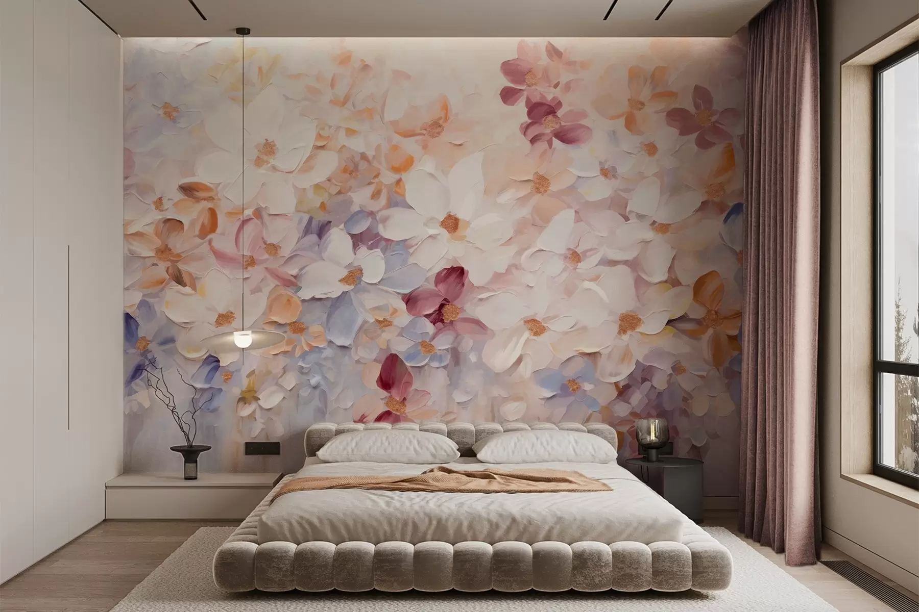 wall murals Уљана слика имитација цветне баште са белим, ружичастим и наранџастим цветовима, меки потези четкицом, пастелне пригушене боје w09236