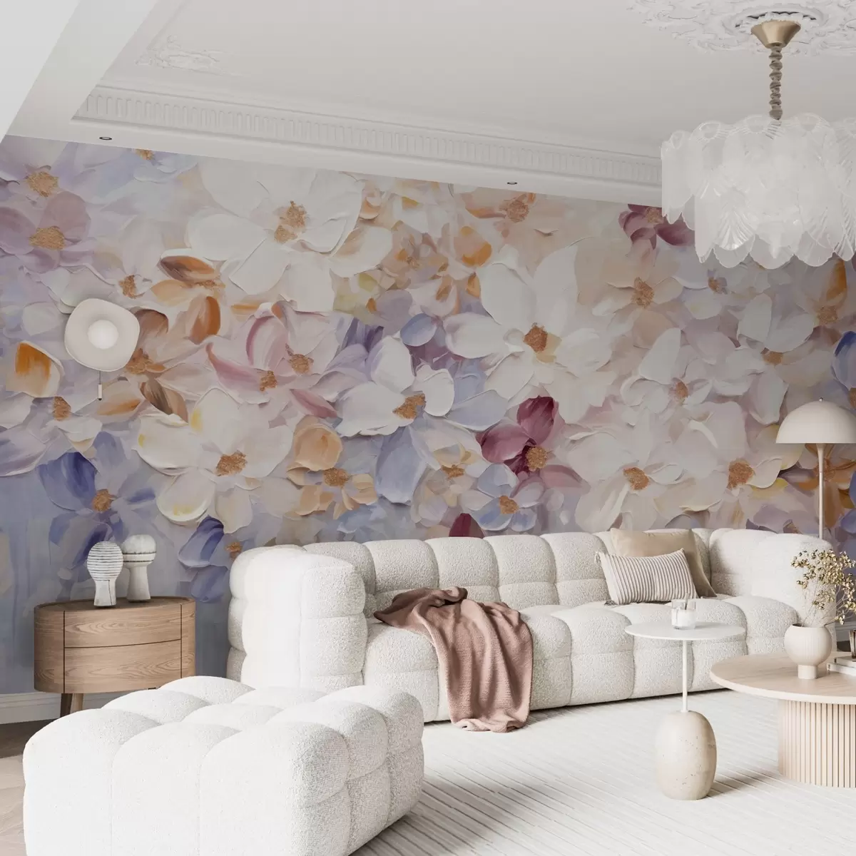 wall murals Уљана слика имитација цветне баште са белим, ружичастим и наранџастим цветовима, меки потези четкицом, пастелне пригушене боје w09236