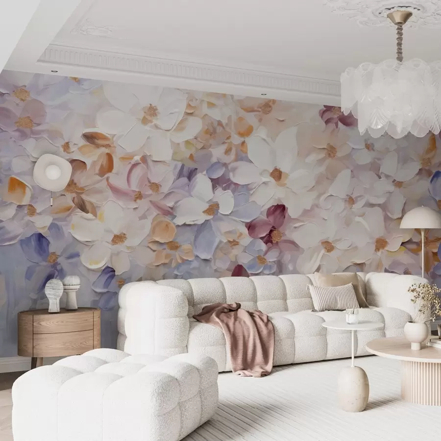 wall murals Уљана слика имитација цветне баште са белим, ружичастим и наранџастим цветовима, меки потези четкицом, пастелне пригушене боје w09236