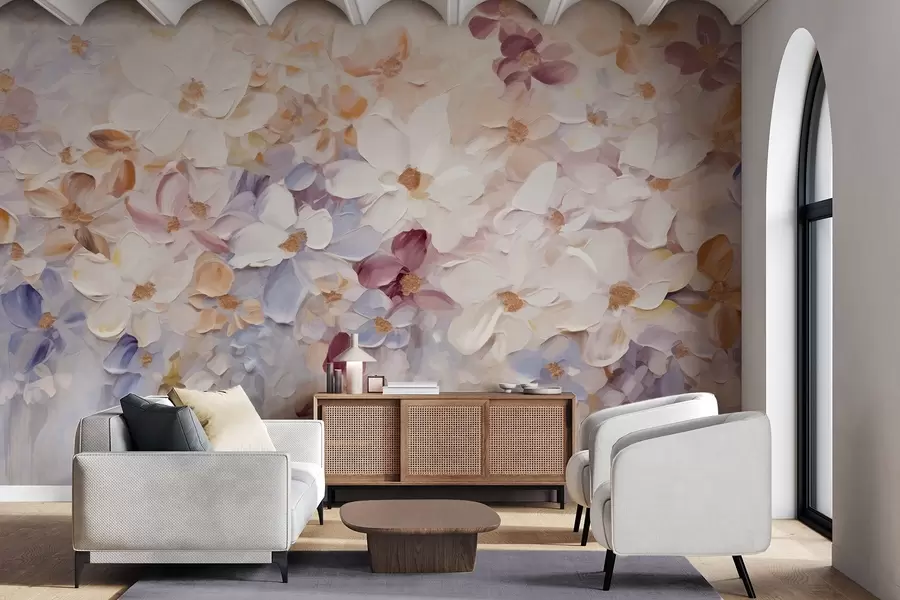 wall murals Уљана слика имитација цветне баште са белим, ружичастим и наранџастим цветовима, меки потези четкицом, пастелне пригушене боје w09236