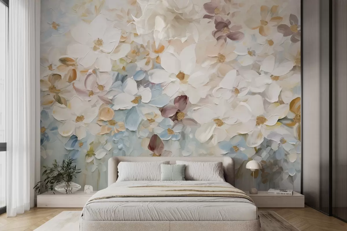 wall murals Уљана слика имитација цветне баште са белим, плавим и наранџастим цвећем, меки потези четкицом, пастелне пригушене боје w09236v1