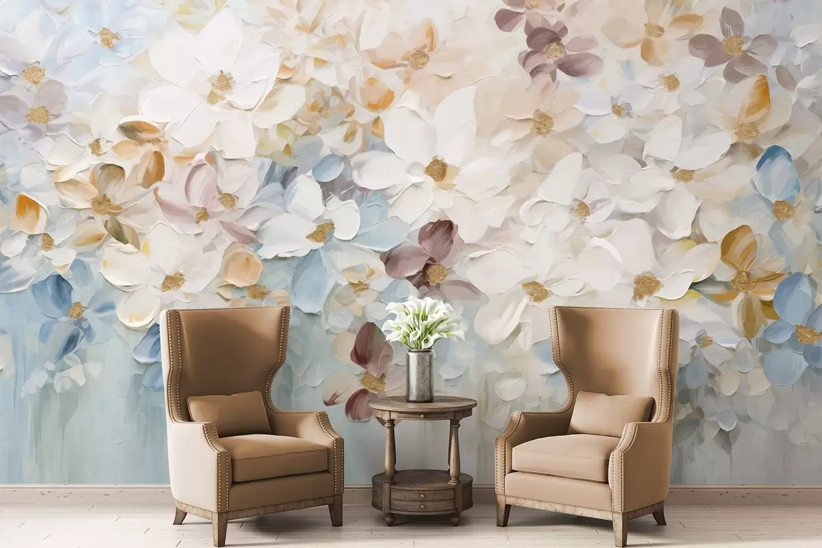 wall murals Уљана слика имитација цветне баште са белим, плавим и наранџастим цвећем, меки потези четкицом, пастелне пригушене боје w09236v1