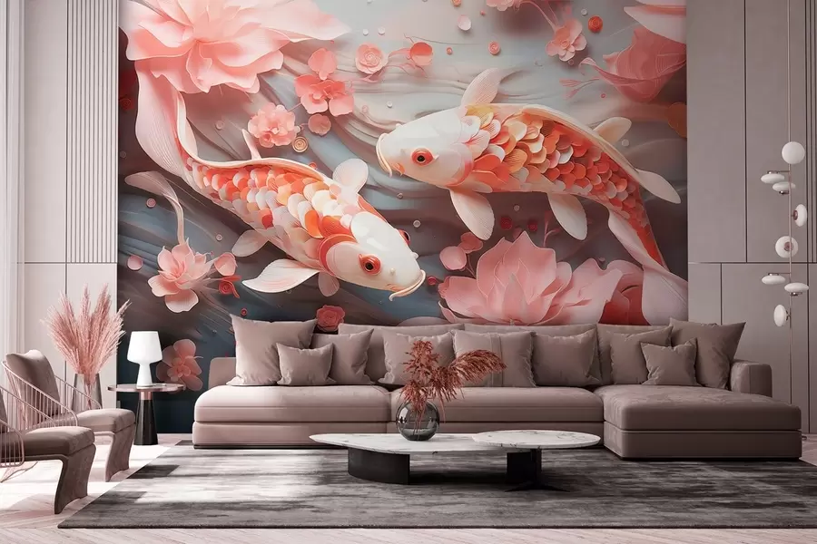 wall murals Нежне рибице са димензионалним крљуштима пливају кроз ток латица и нежних ружичастих тонова w09237