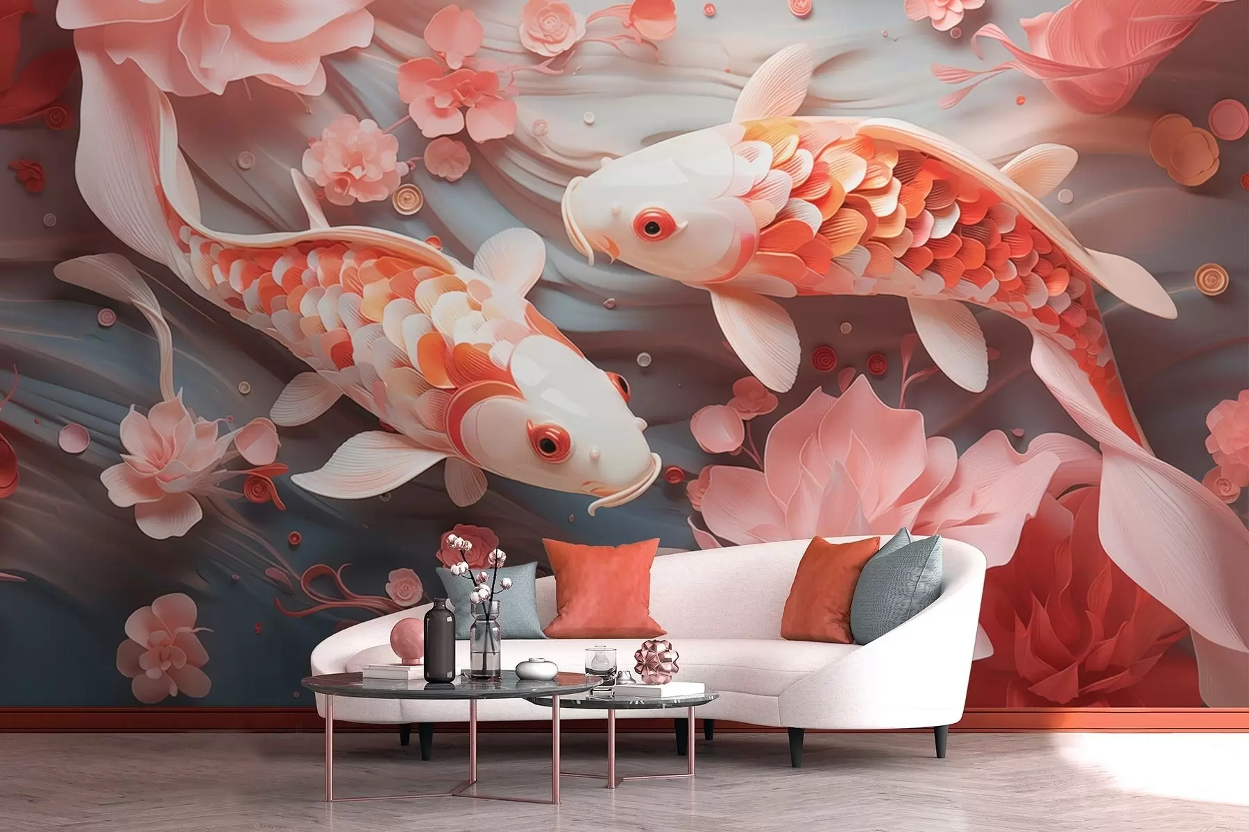 wall murals Нежне рибице са димензионалним крљуштима пливају кроз ток латица и нежних ружичастих тонова w09237