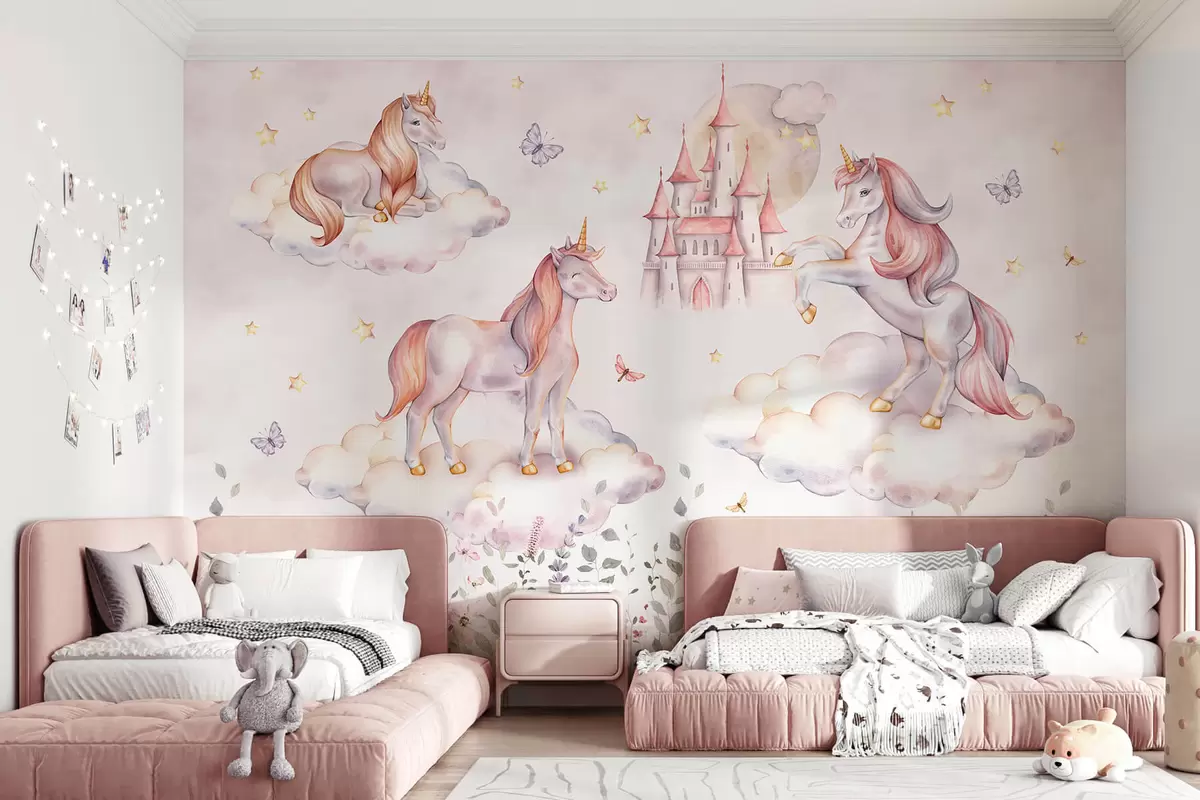 wall murals Једнорози у облацима са звездама, лептирима и цвећем w04165