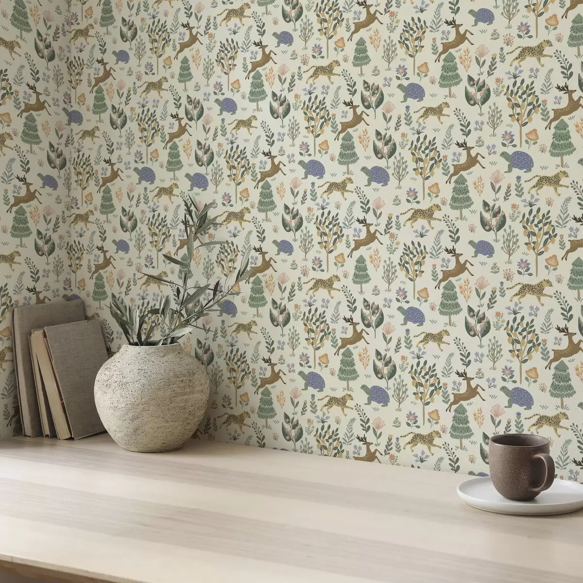 Позадина Ретро илустрација са леопардима, дрвећем и јеленима a00184