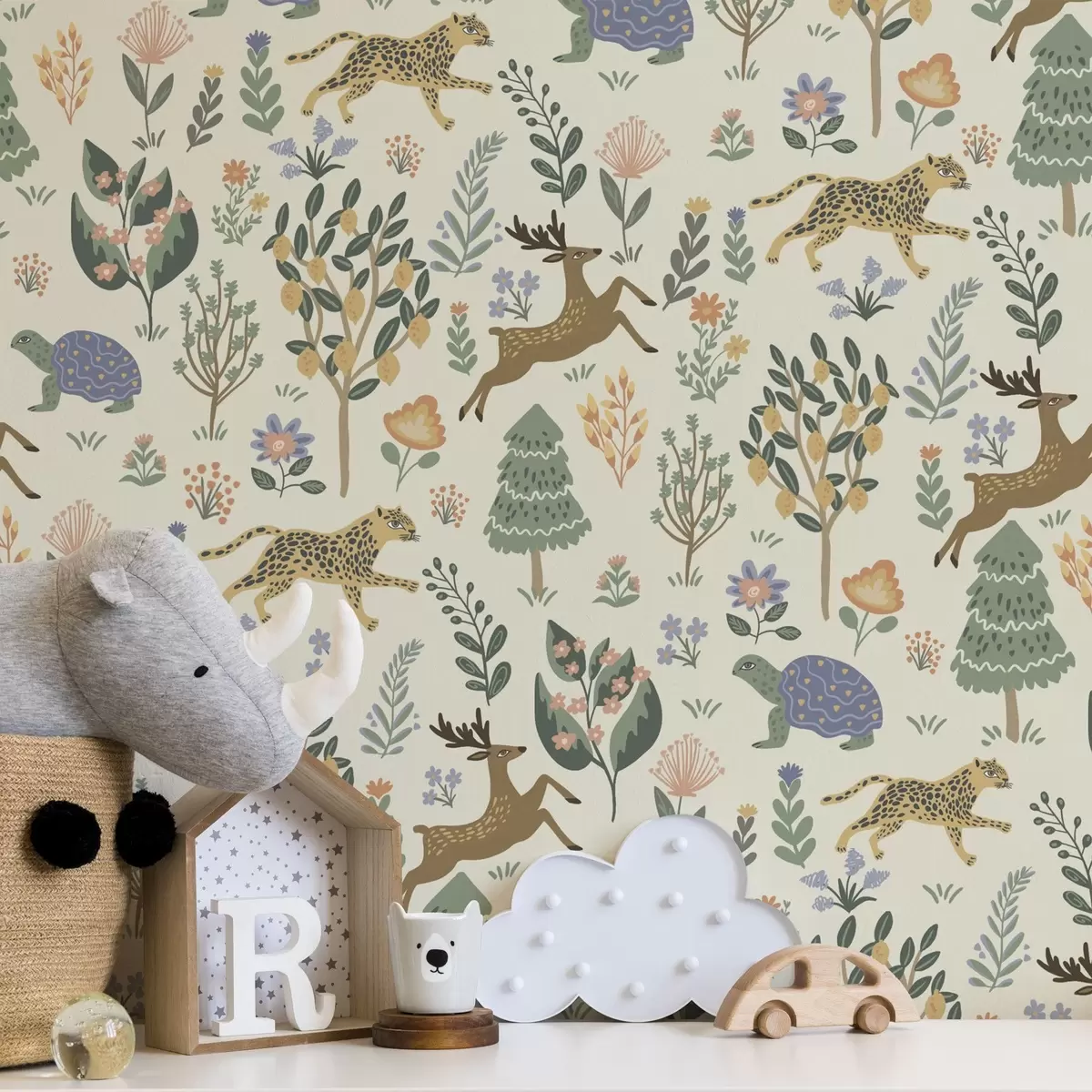 Позадина Ретро илустрација са леопардима, дрвећем и јеленима a00184