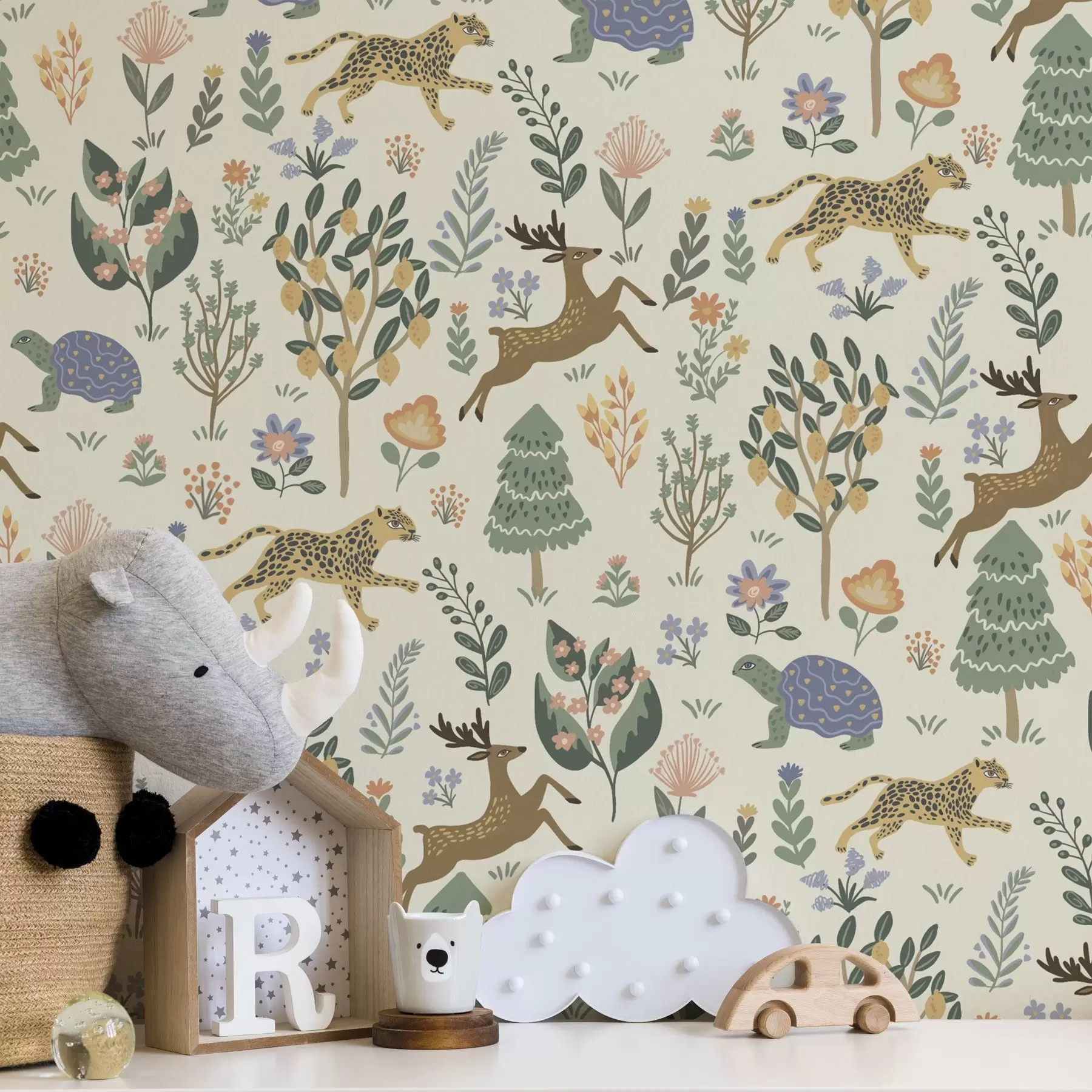 wall murals Ретро илустрација са леопардима, дрвећем и јеленима a00184