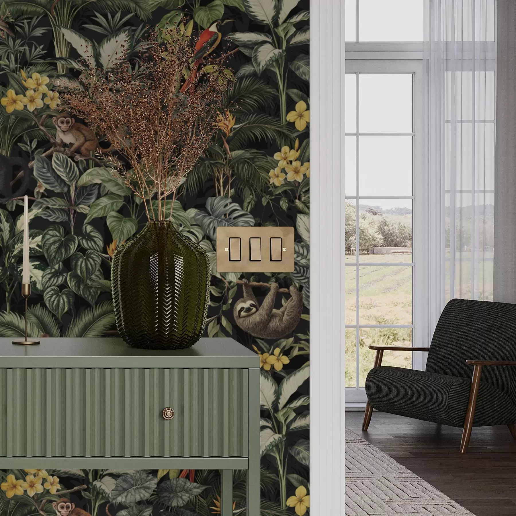 wall murals Тропска џунгла са мајмунима, птицама и густим растињем a00191