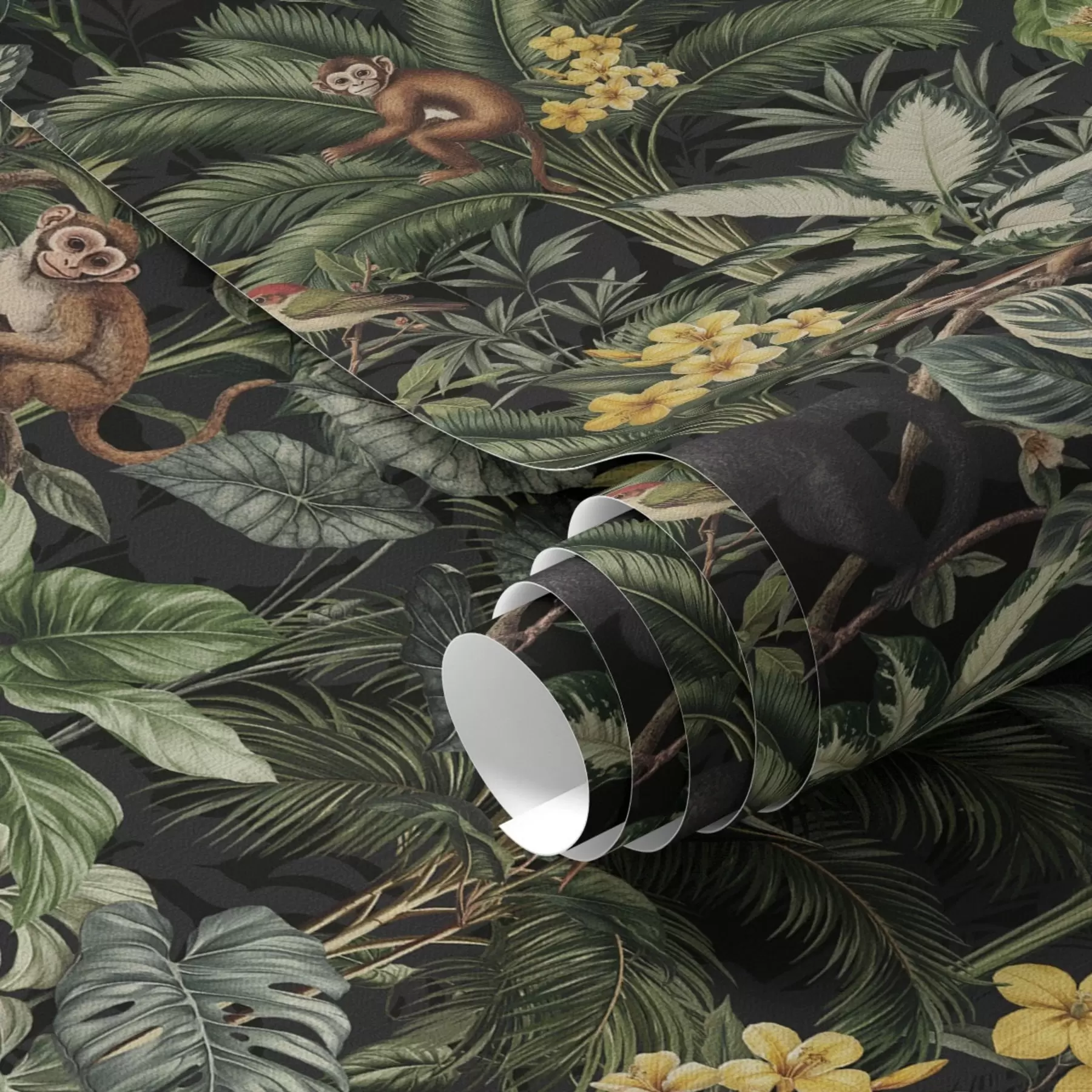 wall murals Тропска џунгла са мајмунима, птицама и густим растињем a00191
