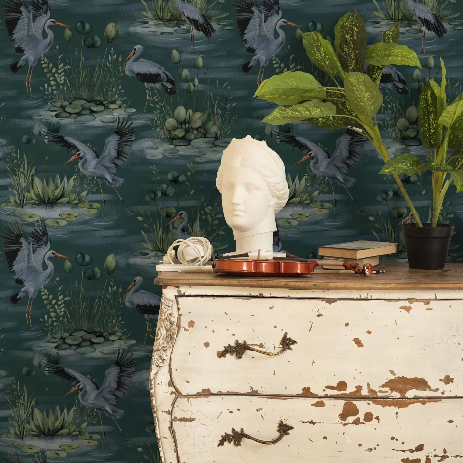 wall murals Сцене са чапљама на позадини језера и локвања a00202