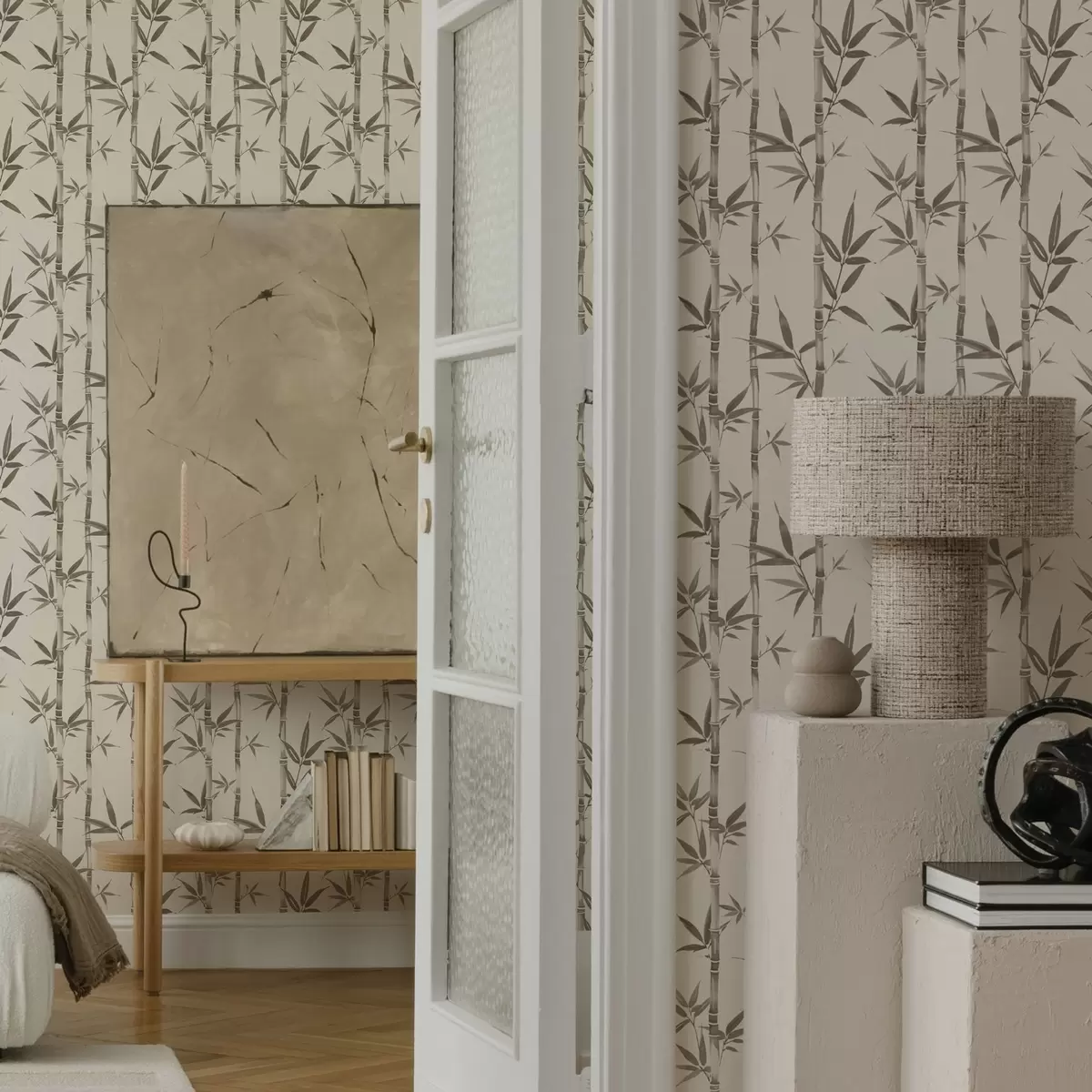 Позадина Беж бамбусов узорак са листовима у јапанском стилу a00236