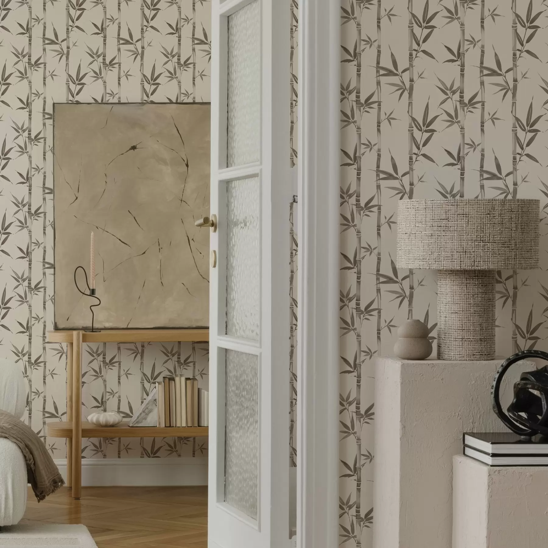 wall murals Беж бамбусов узорак са листовима у јапанском стилу a00236