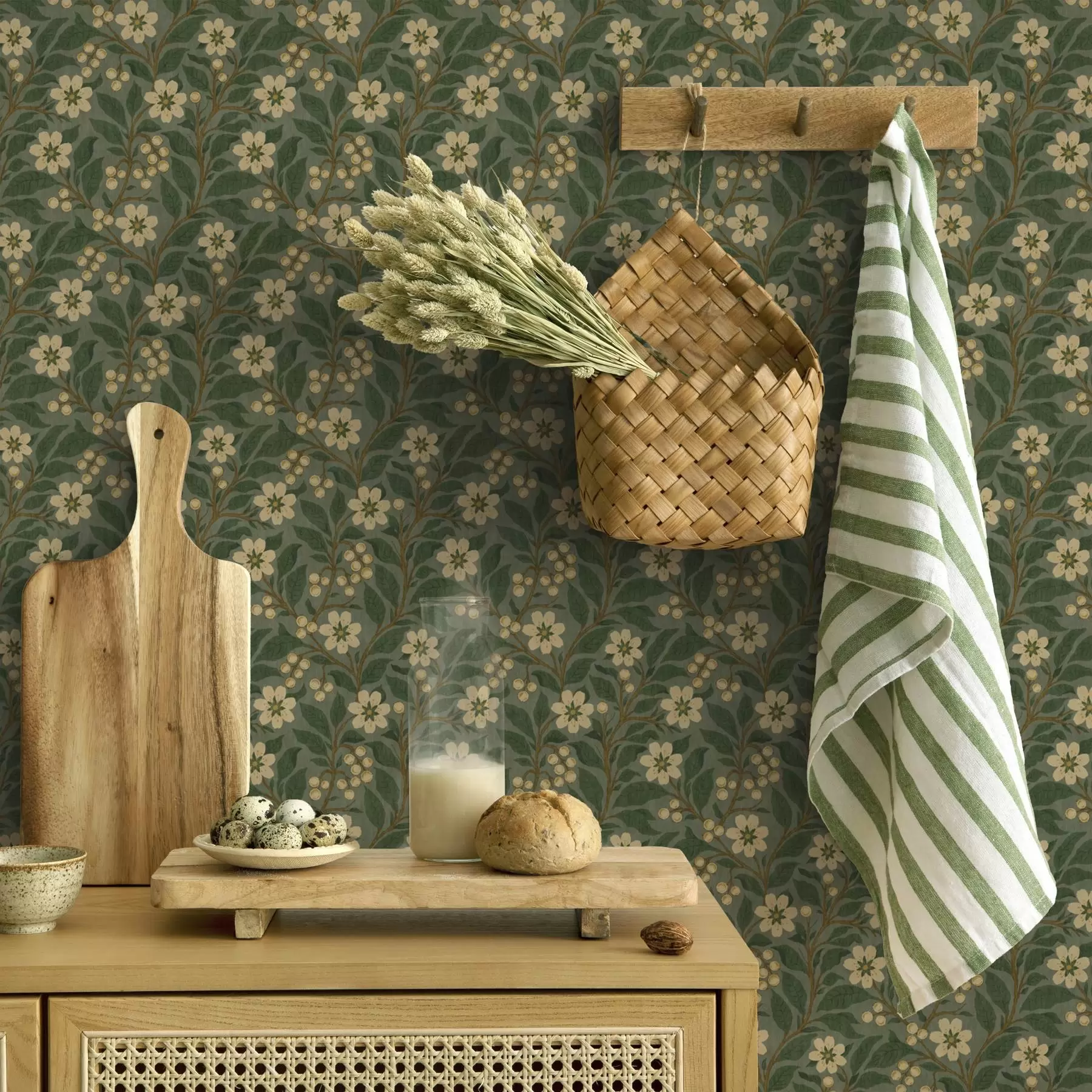 wall murals Жуто цвеће и бобице на зеленој позадини a00242