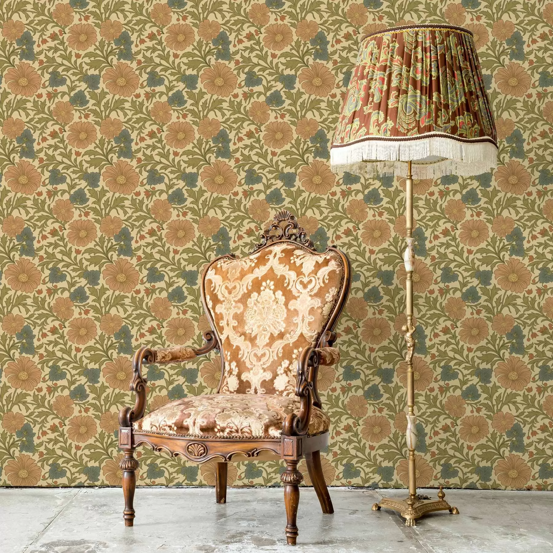 wall murals Ретро узорак са наранџастим и плавим цвећем a00245