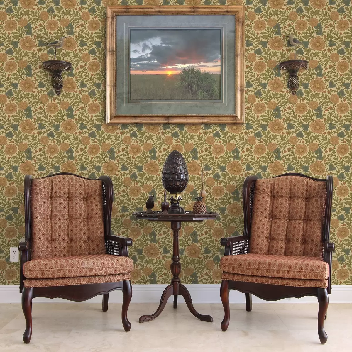 Позадина Ретро узорак са наранџастим и плавим цвећем a00245